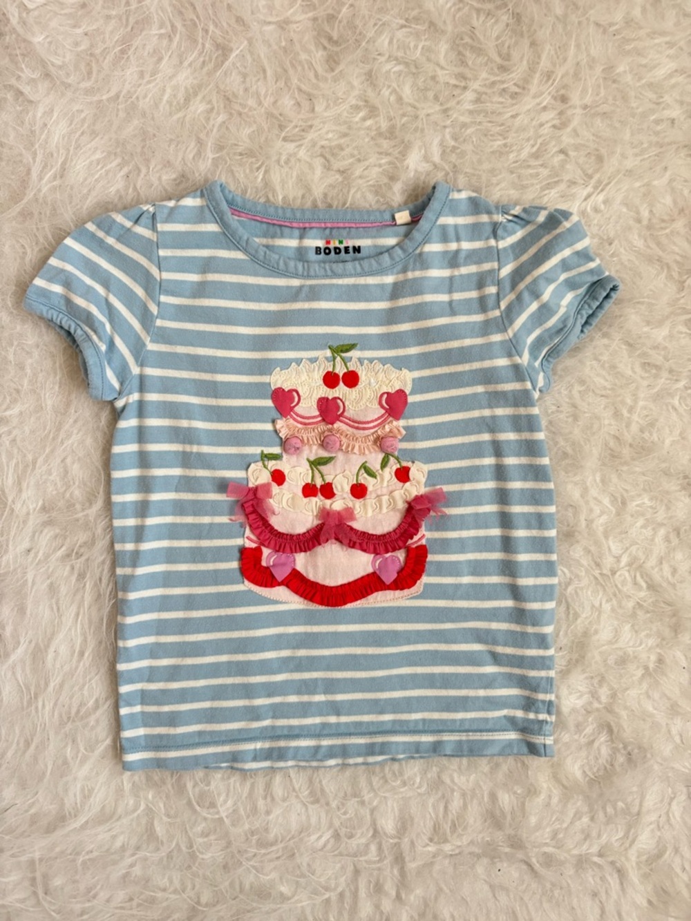 Mini Boden Girls’ Blue & White Striped Tee with Pink and Red Cake Appliqué